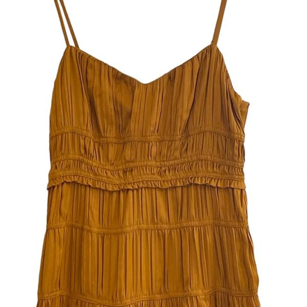 Anthropologie Women’s Sz 12 Ruched Tiered Midi Pleated Satin Slip Dress Gold NEW - Picture 5 of 12